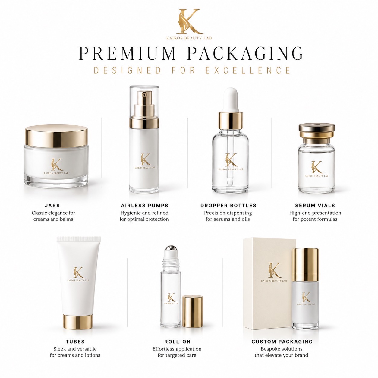 Kairos Beauty Lab premium packaging range &mdash; jars, airless pumps, dropper bottles, serum vials, tubes, roll-ons and custom packaging.