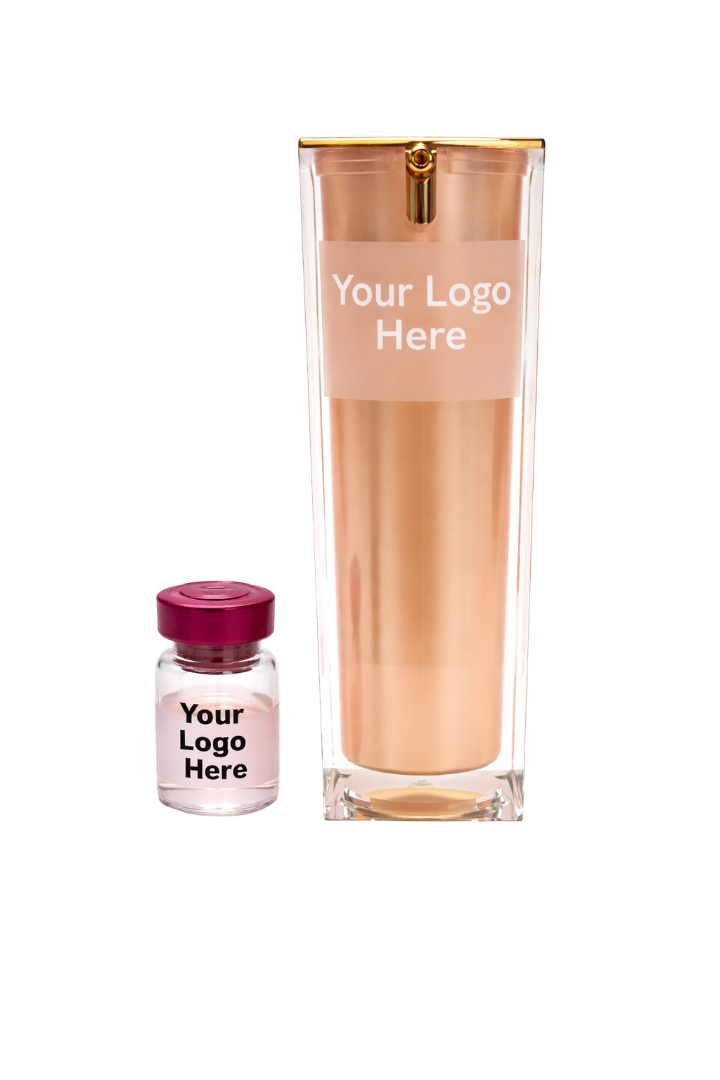 Blemish Control ampoule and serum private-label pair, both marked ‘Your Logo Here’.