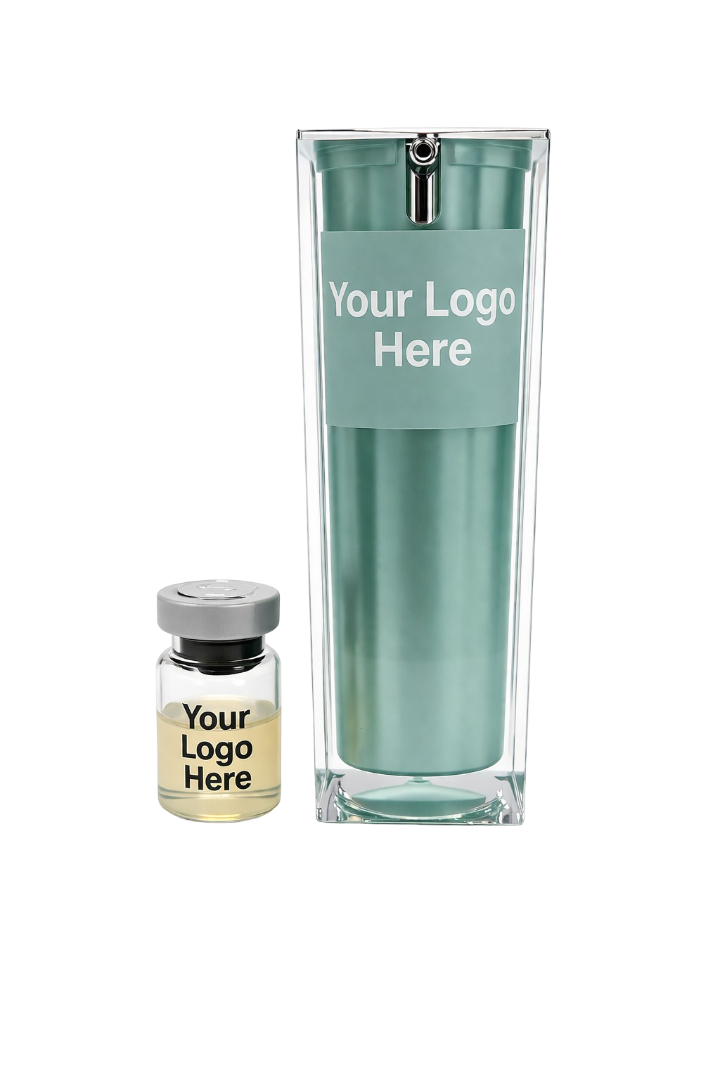 Skin Radiance Glow ampoule and Glow Brightener serum private-label pair, both marked ‘Your Logo Here’.