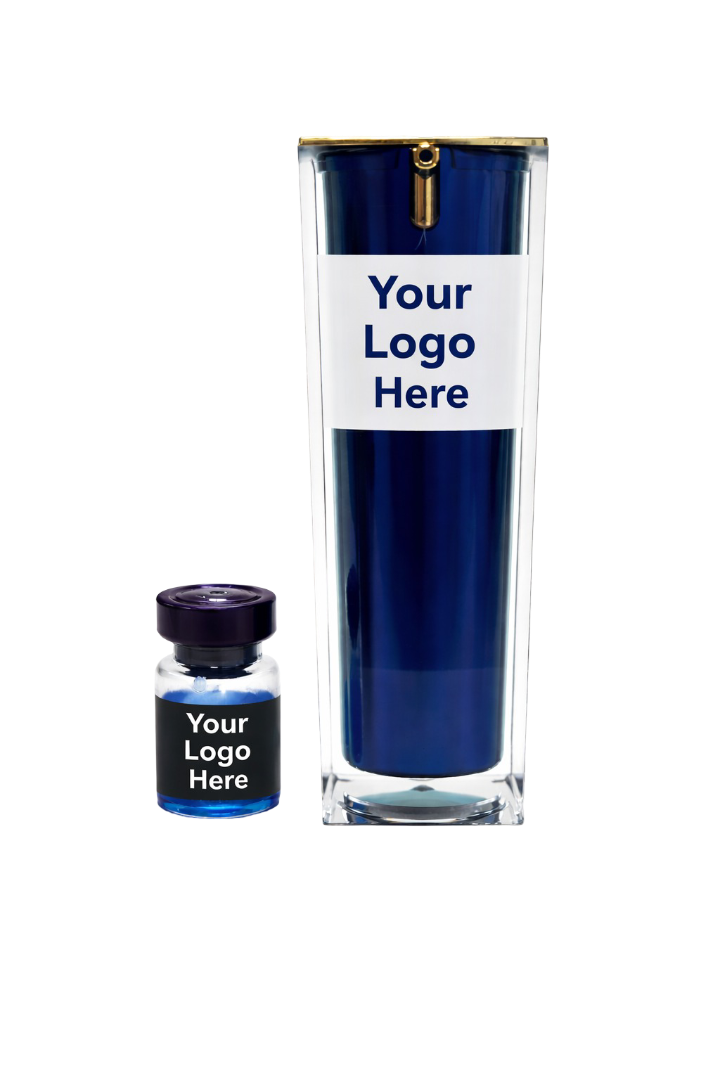 Hair Renewal Peptide ampoule and gel private-label pair, both marked ‘Your Logo Here’.