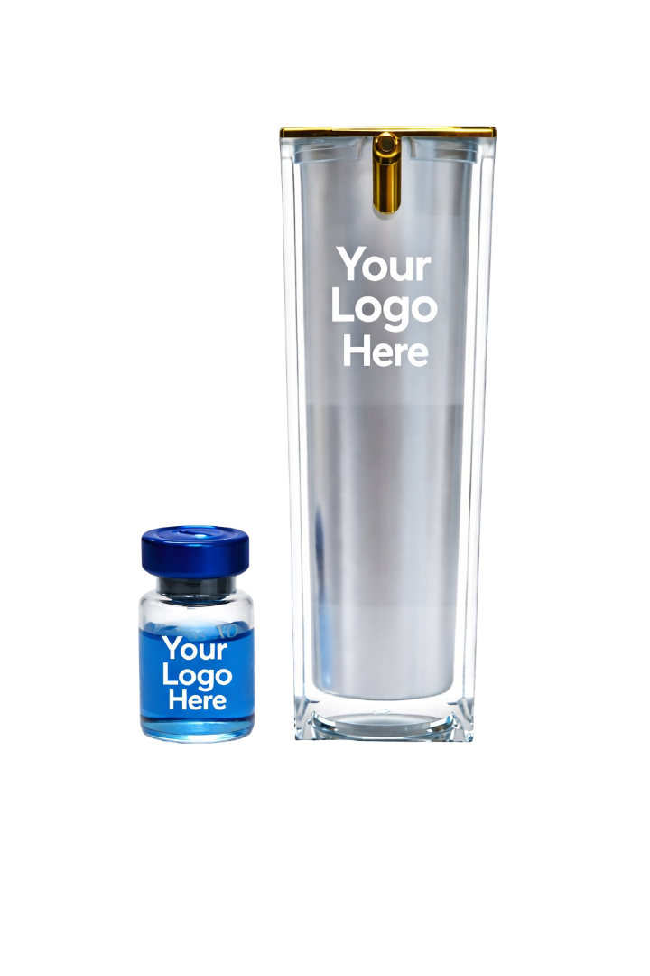 Silk Fusion ampoule and serum private-label pair, both marked ‘Your Logo Here’.